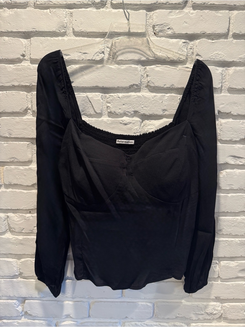 Reformation Reign Black Sweetheart-Neckline Long Sleeve Top
